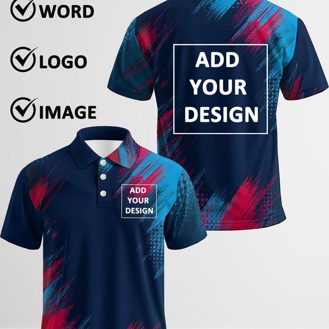 TEMU Custom Men's Plus Size Shirt - Personalized Logo/text/picture, Heat Transfer Printing, Breathable Polyester, Casual Lapel Design, , Ideal Gift