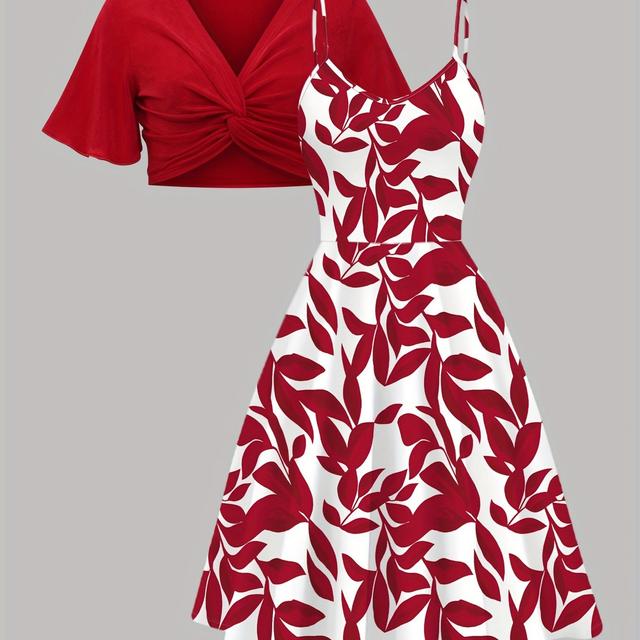 TEMU Vrouwen elegante kleur met V-hals korte mouw trui en jurk met bretels, tweedelige set