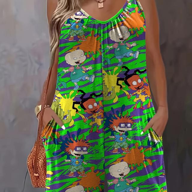 TEMU Plus Size Cartoon Print Slip Romper, Casual Crew Neck Ruched Sleeveless Pockets Romper, Women's Plus Size clothing