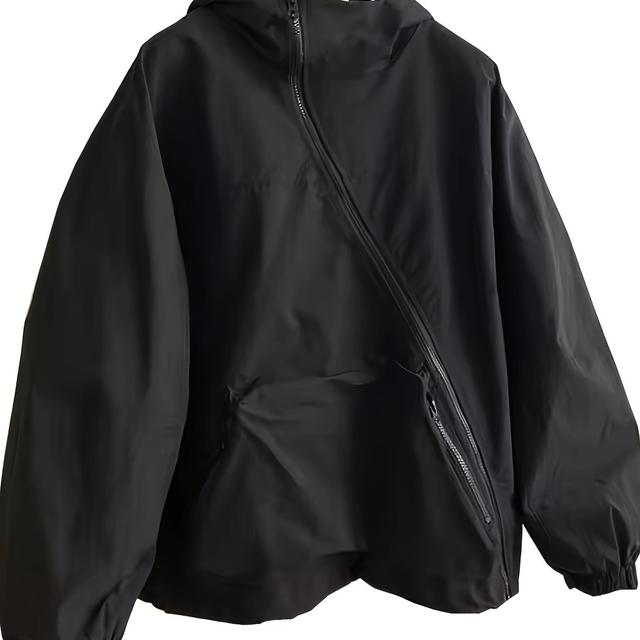 TEMU レディース レトロ 付き フーデッドジャケット - ブラック カジュアル ルーズフィット 軽量 春/秋用 アウター 洗濯機対応 調節可能なドローフード付き プルオーバー