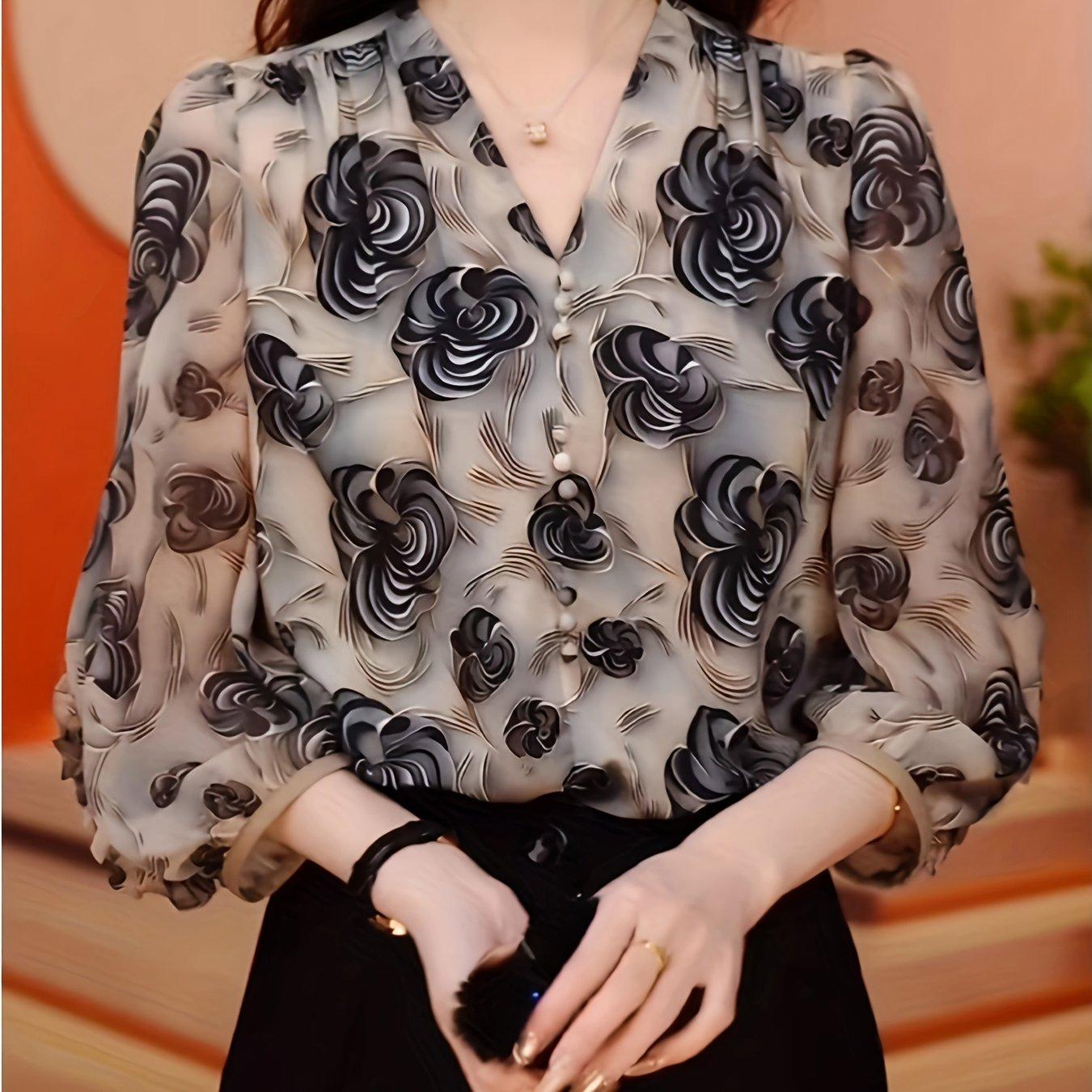 TEMU Summer Lightweight V-neck Printed Chiffon Shirt For Women, Loose Fit High-end -quarter Sleeve Blouse