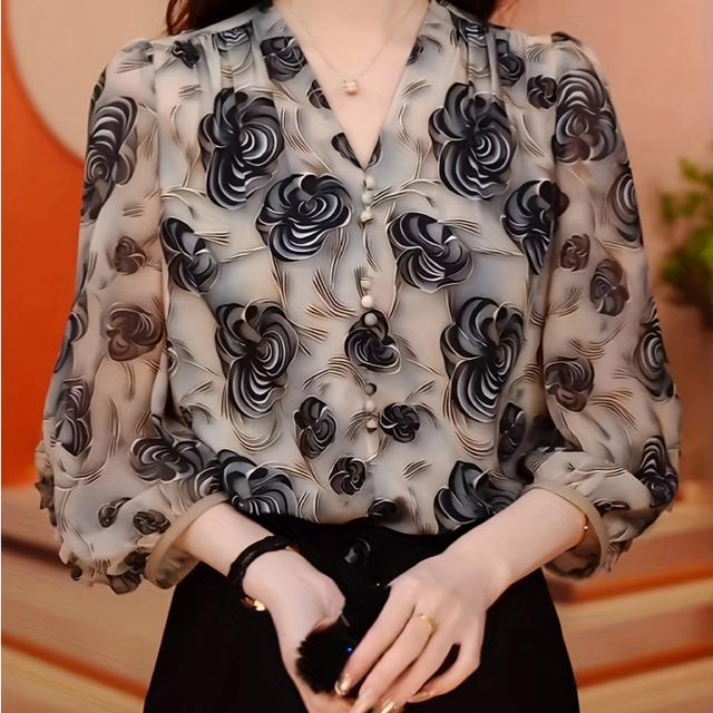 TEMU Summer Lightweight V-neck Printed Chiffon Shirt For Women, Loose Fit High-end -quarter Sleeve Blouse
