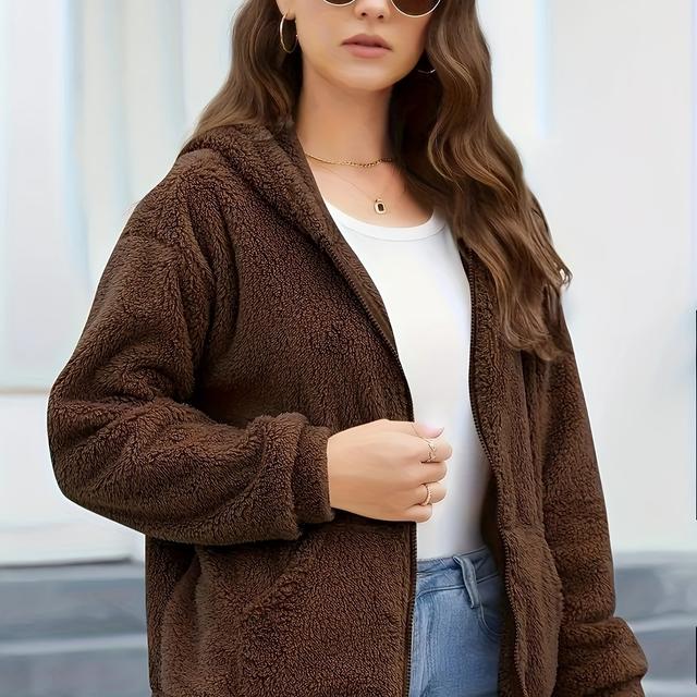 TEMU سترة خارجية ذات لون سادة مع جيوب وإغلاق بسحاب أمامي، مناسبة لفصلي /الشتاء