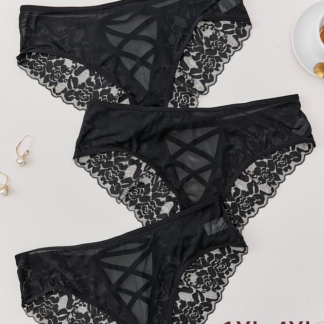 TEMU 3pcs Women's Plus Size Underwear - Sexy Everyday & Special Occasion Panties, Soft Stretchy Lace Briefs With Mid-rise Waist, Extended Sizes Up To 1xl-4xl, Everyday & Formal Wear