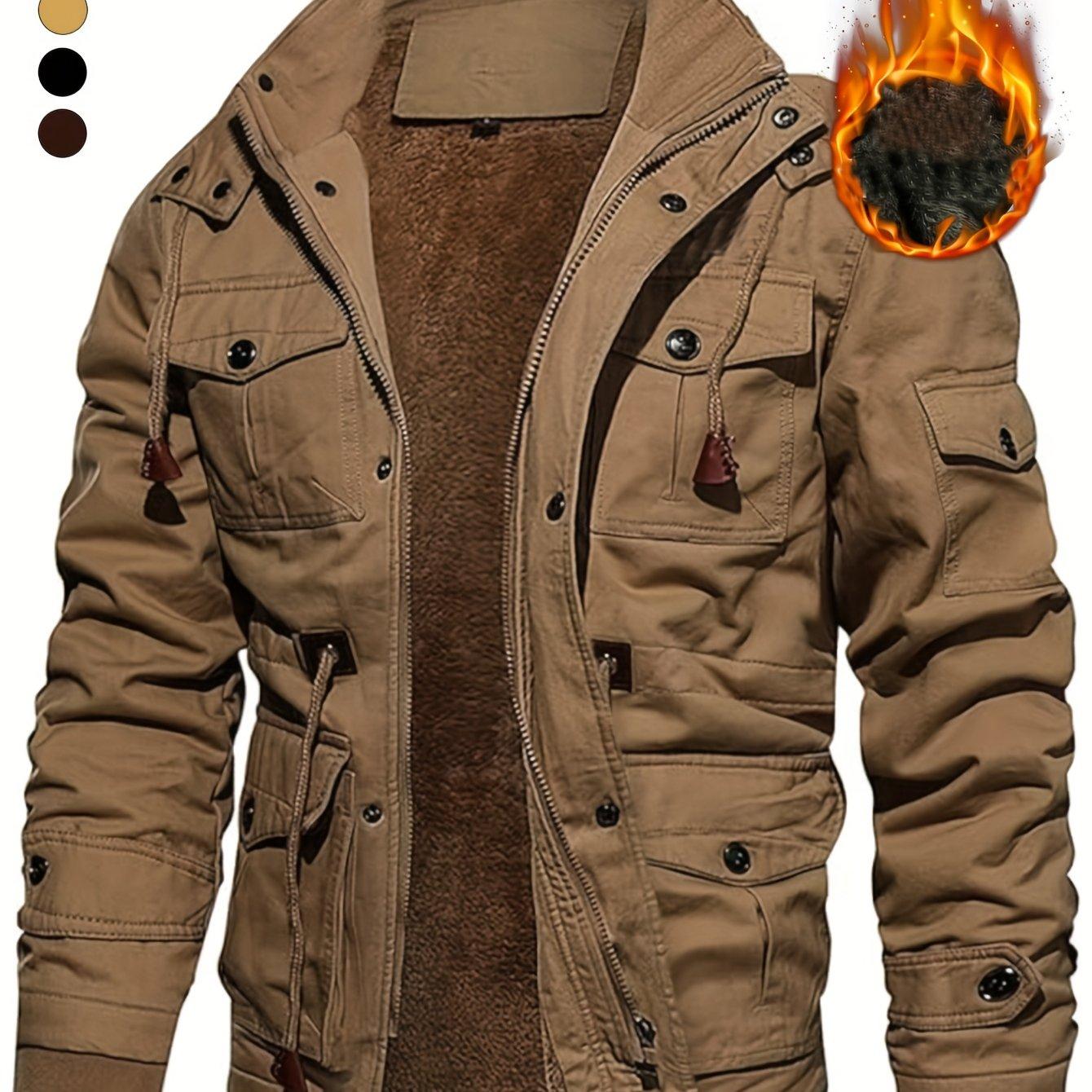 TEMU Chaqueta gruesa media para hombre con capucha, parka de invierno para mayor , ideal para uso casual al , con cremallera y múltiples bolsillos, con gorro extraíble