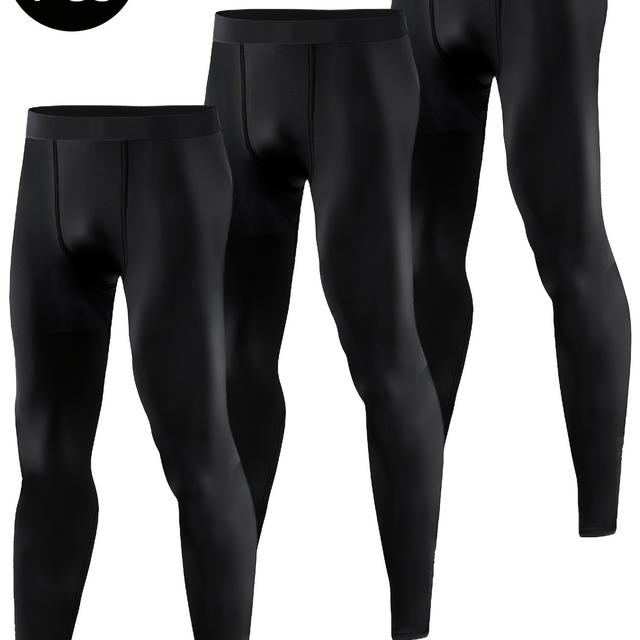TEMU 3枚セットのメンズブラックコンタイツ - ストレッチ性、ソフト、フルレングスレギンス、ランニング、フィットネス、用、競技用ウェア|ミニマリストデザイン|ストレッチ性のある素材
