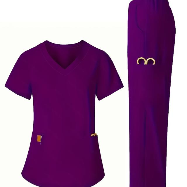 TEMU زي موحد صيفي بياقة على شكل حرف V للممرضات، طقم من قطعتين لأعمال طب الأسنان للحيوانات الأليفة