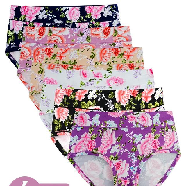 TEMU 6pcs Women's Plus Elegant Panties, Plus Size Floral Print High Waist Soft & Breathable Briefs
