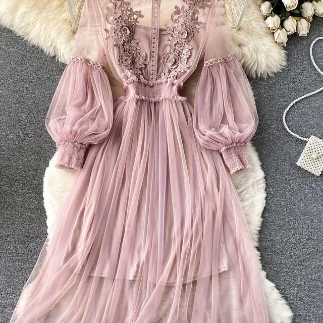 TEMU ドレス レディース ト カミ ドレス カラード ル メッシュ ドレス ランターン スリーブ ハイ ウェスト Aライン スリミング ドレス ドレス 通勤 アウトドア パーティー 春 夏 秋 毎日の着用