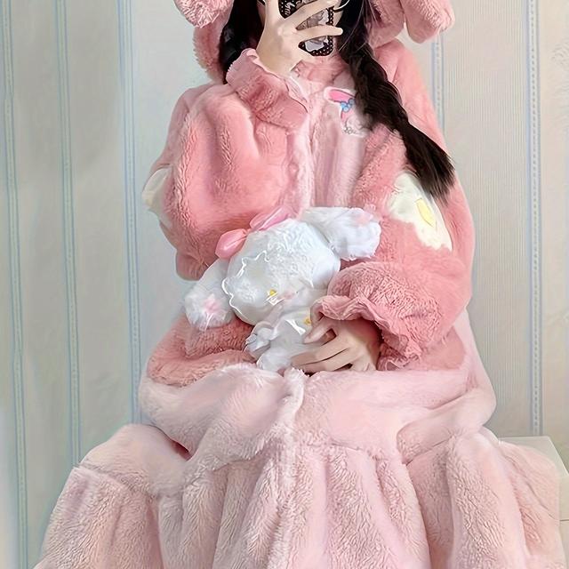 TEMU Gemütliches & Süßes Rosa Häschen-Kapuzen-Fleece-Nachthemd für Frauen - Dickes Plüsch-Korallensamt-Hauskleid mit Flauschiger Vordertasche, Maschinenwaschbar