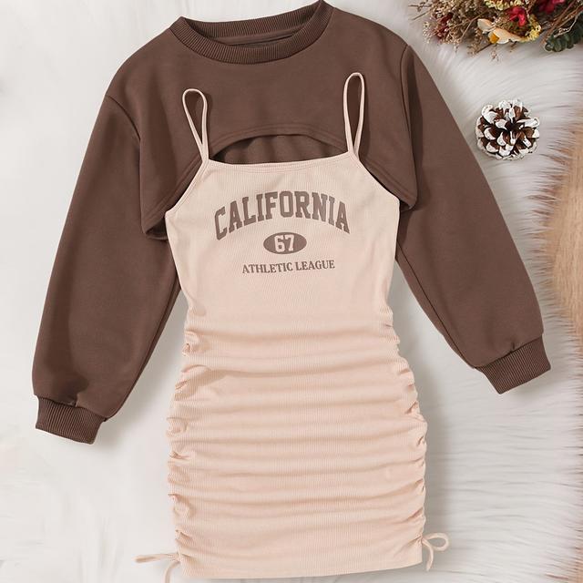 TEMU Letter Print Camisole Top + Long Sleeve Two-piece Set, Outdoor