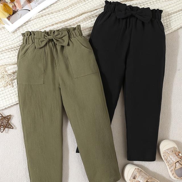 TEMU Autumn Girls' Casual Pants 2pcs Solid Color Bow Tie Trousers With Feature Pockets, Outdoor