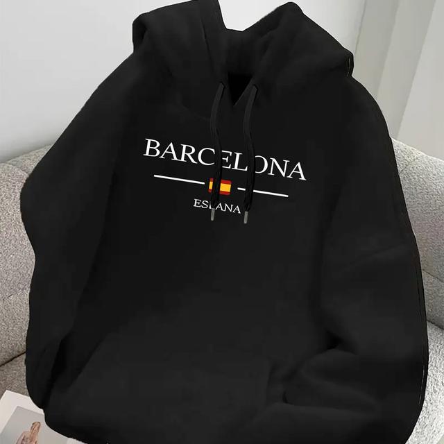 TEMU هوديي برشلونة الرجالي - بلوفر أسود عصري مع طباعة صفراء وبنفسجية، قصة فضفاضة عارضة، غطاء رأس برباط، مثالي لفصل /الشتاء، ملابس برشلونة