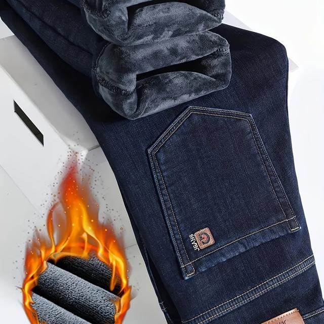 TEMU Calça jeans reta masculina forrada com fleece, design clássico de calças de denim engrossadas para homens, jeans quentes para outono/inverno