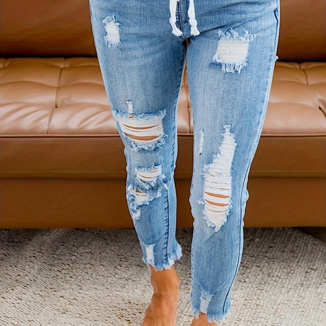 TEMU Nya Elastiska Midjeband Dragsko Ripped High-Stretch Tyg Jeans Långbyxor Casual Utflykt Slim-Fit Byxor