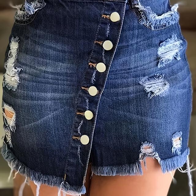 TEMU Women's Denim Hip Wrap Dress - Bodycon, , Above The Knee, Solid Color, 65% 35% Polyester, Medium Stretch, Button Detail, Woven Fabric, 300g/m² - Spring/summer/fall Fashion