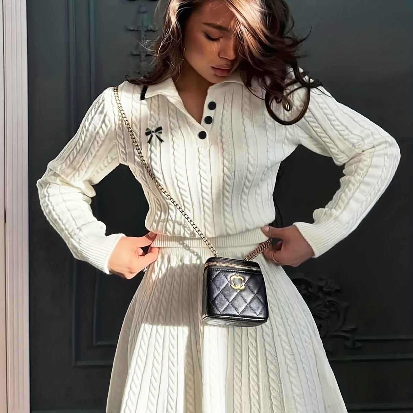 TEMU Autumn-winter Elegant Long Sleeve Button- Collar Pullover Top With Short A-line Skirt, Contrast Twist Texture Fashionable High-end Two-piece Set