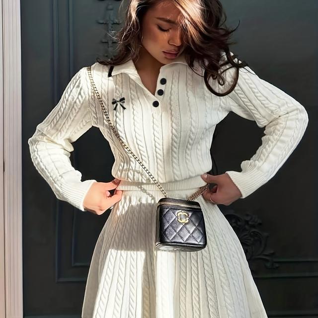 TEMU Autumn-winter Elegant Long Sleeve Button- Collar Pullover Top With Short A-line Skirt, Contrast Twist Texture Fashionable High-end Two-piece Set