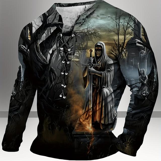 TEMU Men's Vintage Casual Long Sleeve Crew Neck Henry Shirt, Polyester, Geometric Pattern, Regular Fit, Knit Fabric, Drawstring, Autumn/winter Season, Men's Fashion Top