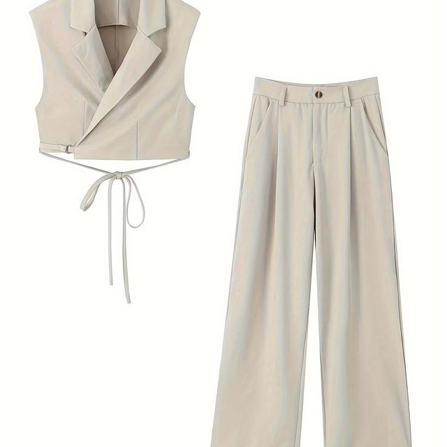 TEMU Elegant Women's Suit Vest With A Collar And Long Pants Set