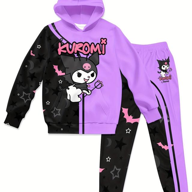 TEMU Girls 2pcs Set: Cute Kuromi And Cinnamon Dog Cartoon Set - Girls Long Sweatshirt And Sweatpants, Outdoor