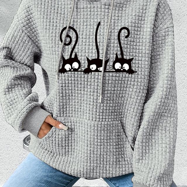 TEMU Women's Navy Blue Cartoon Cat Graphic Hoodie - Oversized Casual Pullover Sweatshirt With Drawstring Hood, Cozy Fall & Spring Long Sleeve Top, Machine Washable, Waffle Texture Apparel