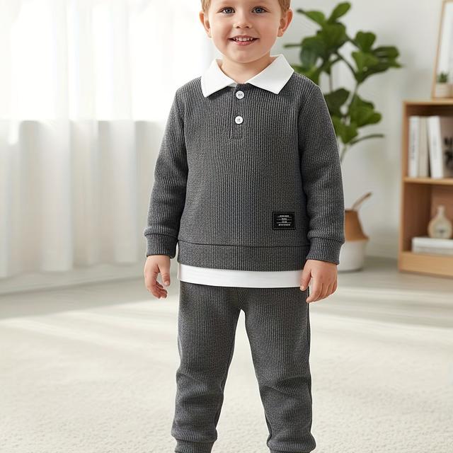 TEMU Jongens Shirt Set 2025 Nieuwe Lente/Herfst Outfit, Stijlvolle Lange Mouwen en Broek 2-delige Kleding, Perfect voor Buiten