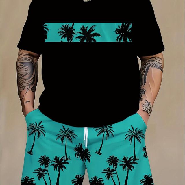 TEMU Men's Plus Size Short Sleeve Suit-casual Palm Tree Print, Comfortable Polyester Blending T-shirt And Drawstring Shorts, Machine Washable, Plus Size