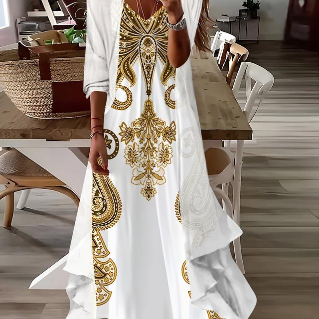 TEMU Conjunto de Vestido Estampado con de Flores Doradas para y Otoño, Estilo Casual
