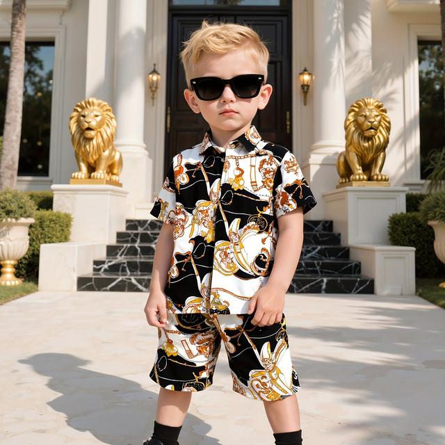 TEMU Ensemble T-shirt imprimé et short tendance pour garçons, idéal pour l'extérieur