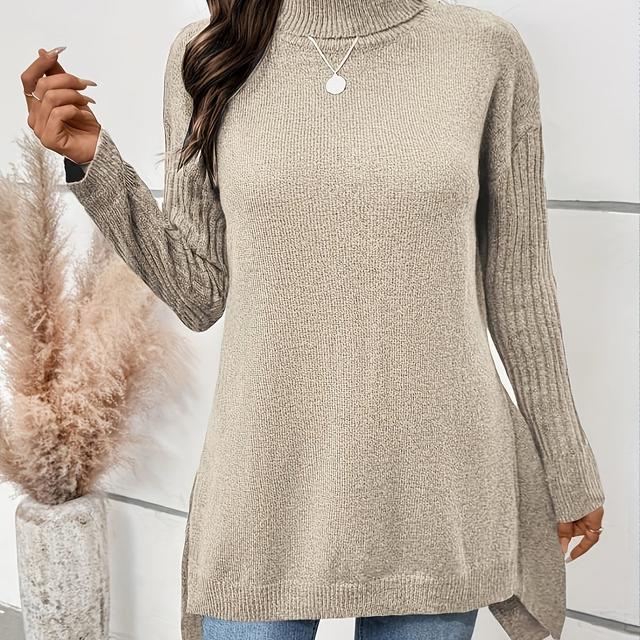 TEMU Women's High Neck Autumn Winter New Casual Solid Color Irregular Hem Pullover