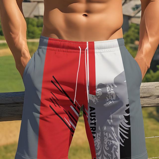 TEMU Herren Hawaiianische Shorts mit österreichischem Design, rotem Hintergrund, silberfarbenem Adlermuster und Textdruck, für lässige Strandbekleidung mit Kordelzug