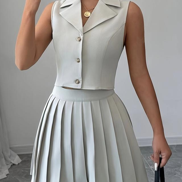 TEMU Elegant Polyester Lapel Collar Sleeveless Blazer Top And Pleated Skirt Suit Set For Women, 2pcs Outfit With Solid For Spring/fall