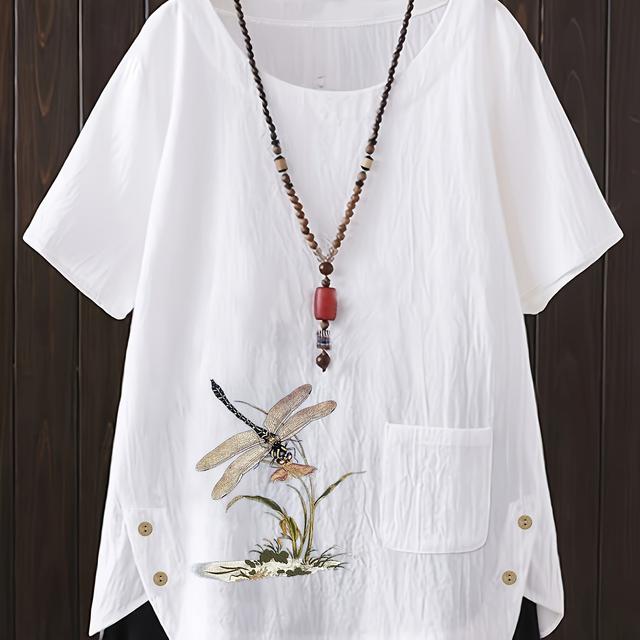 TEMU Camisa Casual Elegante de para Mulheres Plus Size - Estampa Floral , Redonda, Lavável na Máquina, Top Para Todas as , Tecido , Sem Acessórios Incluídos