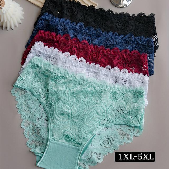 TEMU 5er-Pack Damenunterwäsche in den Größen 1XL-5XL, mit hoher Elastizität, Weichheit, Atmungsaktivität und eleganten Unifarben mit floralen Spitzenmustern, für den