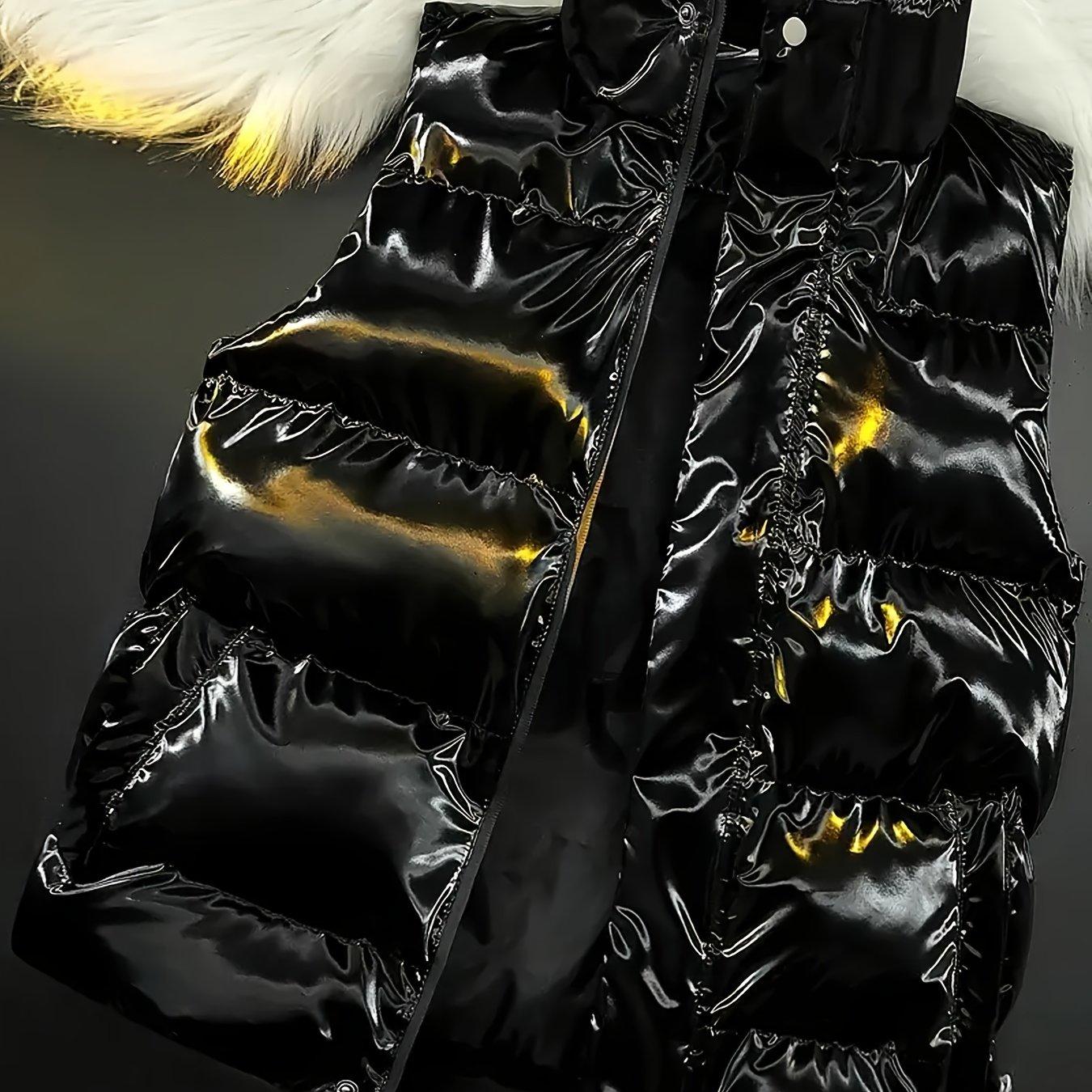 TEMU Men's Sleeveless Jacket Made Of Thick Polyester Fiber, Featuring A Stand Collar And Shiny End, Zip- For Warmth In Autumn And Winter