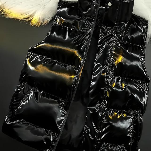 TEMU Men's Sleeveless Jacket Made Of Thick Polyester Fiber, Featuring A Stand Collar And Shiny End, Zip- For Warmth In Autumn And Winter