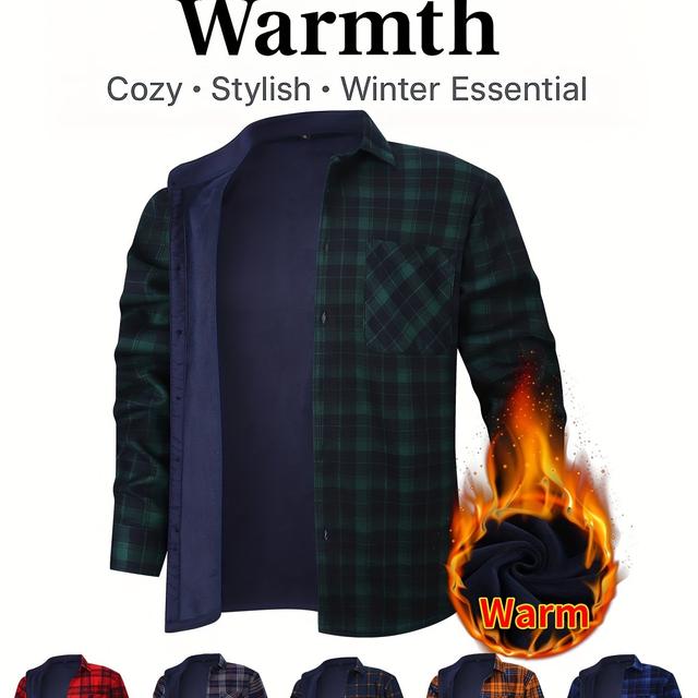 TEMU Men's Fleece-lined Thickened Shirt, 1pc, Autumn And Winter Outdoor Work Hunting Cold-proof Clothing, Winter Warm Workwear Top, Heavyweight Inner Layer