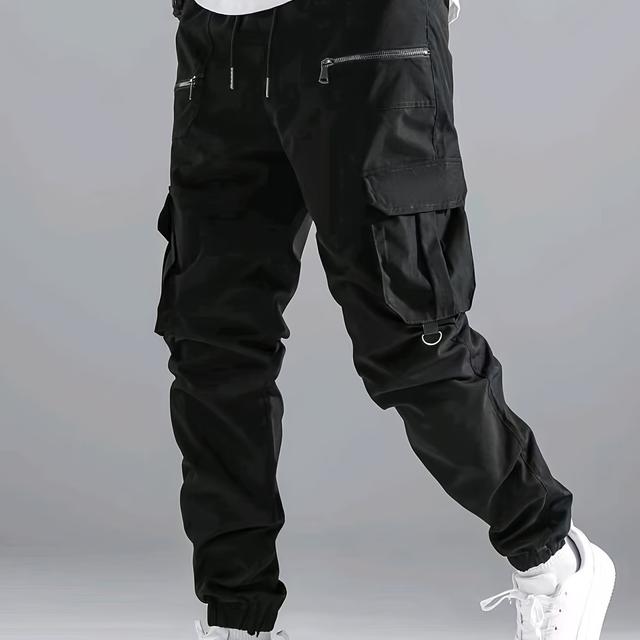 TEMU 남성용 스타일리시 멀티 포켓 드로스트링 캐주얼 팬츠 - 블랙, 폴리에스터, 스트레치되지 않은 원단, 레귤러 핏, 데일리 & 캐주얼 웨어용 포켓, 캐주얼 웨어 팬츠|캐주얼 스타일 팬츠|폴리에스터 원단