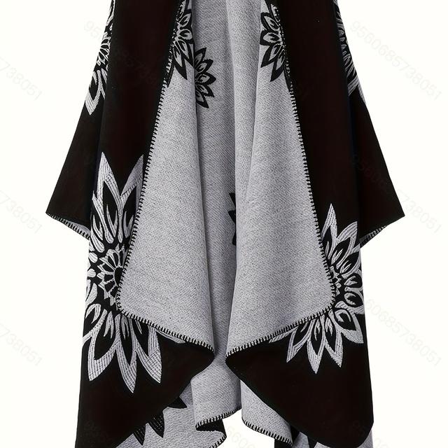 TEMU Plus Size Dam Dubbel- Tjockad Sheepskin Patchwork Sunflower Shawl Cape - Ärmlös, Svart & Grå, Tribal Mönster, Höst/Vinter Mode, Höstmode Shawl | Tribal Mönster Shawl | Hållbar Ytterkläder
