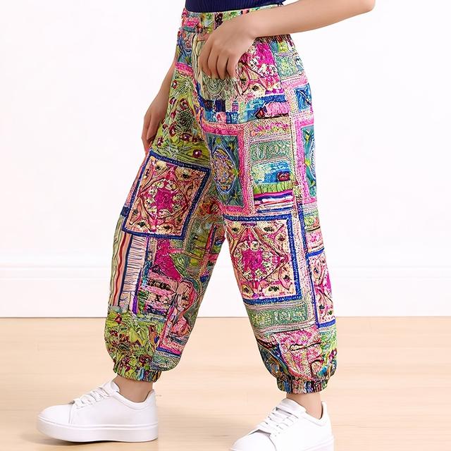 TEMU Pantalones de pantalón ancho tipo farol para niñas, con estampado multicolor moderno, "Fondos Designados", ideales para actividades al aire libre.