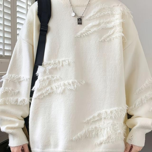 TEMU メンズカジューネックセーター、ポリエステット、長袖、ルーズフィット、カラー、軽いストレッチ、ドレープデタイル付き、秋/冬用 - 大人やティーン向けの織物パルオーバー