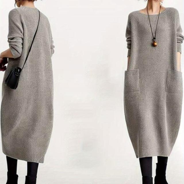 TEMU 女性用ドレス 大きなポケット付き - 暖かい冬用ドレス、丸首洗濯機対応ドレス、無地カラートカジュアルウェア 日常着＆デート用、秋冬ドレス、暖かく快適なドレス