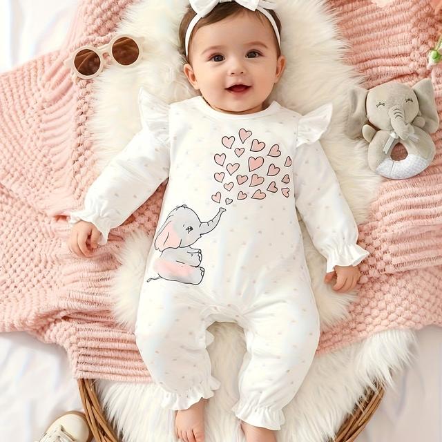 TEMU Long-sleeve Romper With A Cartoon Heart For Babies, Suitable For Toddler And Infant Girls, For Outdoor