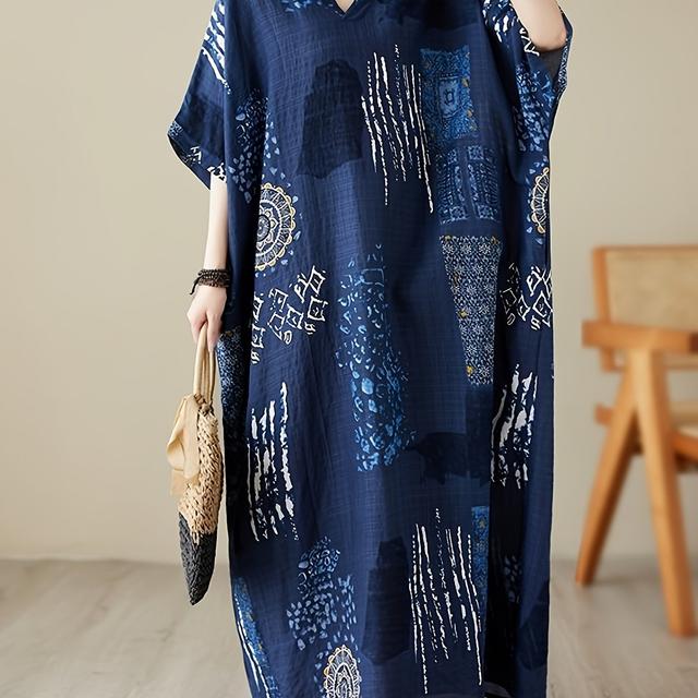 TEMU Plus Size Loose Fit Elegant Comfortable Casual V-neck Dress, Beach Seaside, Vacation Kimono Dress