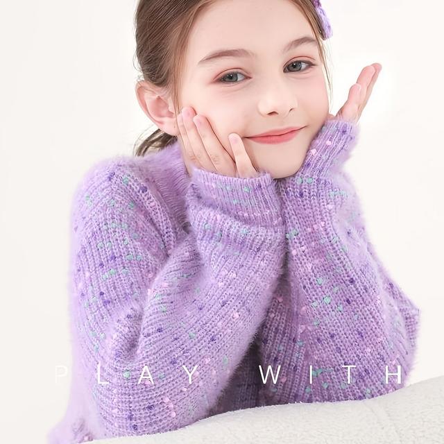 TEMU New Autumn And Winter Girls' Polka Dot Yarn Sweater With A Colorful Dot Plush Texture, Featuring A Round Neck, In Multiple Colors, Cute And Sweet, Loose And Warm Knitted Top