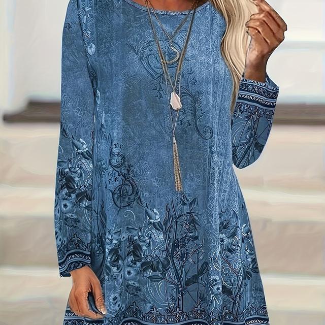 TEMU 女性用トなルプリント長袖トップ - 青と白のミドル丈ブラウス、カジュアルまたはオフィスウェアに最適、フリル裾付き｜ルプリントトップ｜フリル裾ブラウス