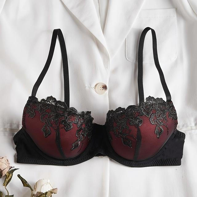 TEMU Farbblock Blumen-Stickerei Bügel-BH, Sexy Comfy Push Up BH, Damenwäsche & Unterwäsche