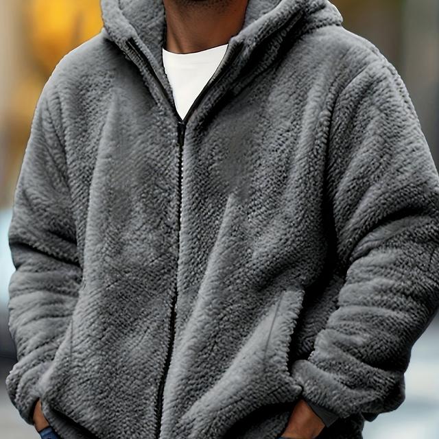 TEMU [winter Ready] Men's Plus Size Light Gray Hooded Jacket - Warm, Zip-up Outerwear With Pockets For Fall/winter, Machine Washable, Plus Size