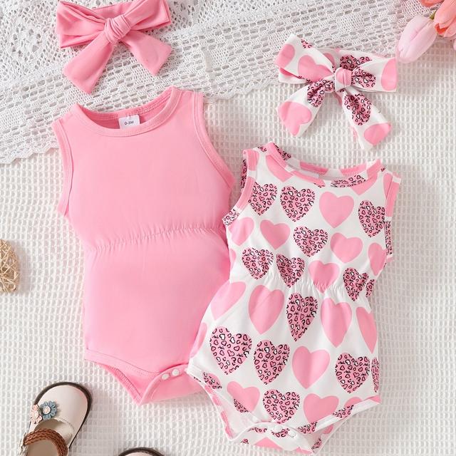 TEMU Sleeveless Heart Print Romper + Headscarf Four-piece Set, Perfect For Outdoor